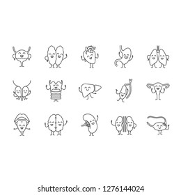 Smiling human internal organs characters linear icons set. Thin line contour symbols. Respiratory, reproductive, digestive systems health. Isolated vector outline illustrations. Editable stroke