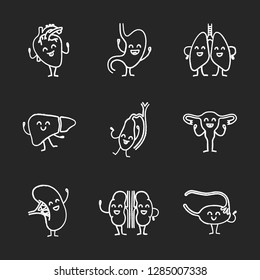 Smiling human internal organs characters chalk icons set. Healthy cardiovascular, digestive, respiratory, reproductive, lymphatic, urinary systems. Isolated vector chalkboard illustrations