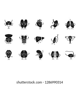 Smiling human internal organs characters glyph icons set. Silhouette symbols. Respiratory, urinary, reproductive, digestive systems health. Vector isolated illustration