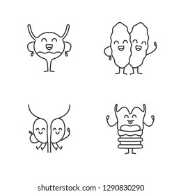 Smiling human internal organs characters linear icons set. Thin line contour symbols. Happy larynx, thymus gland, prostate, urinary bladder. Isolated vector outline illustrations. Editable stroke