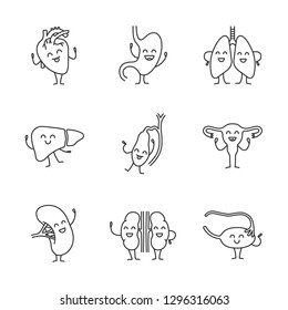 Smiling human internal organs characters linear icons set. Thin line contour symbols. Healthy digestive, respiratory, reproductive systems. Isolated vector outline illustrations. Editable stroke