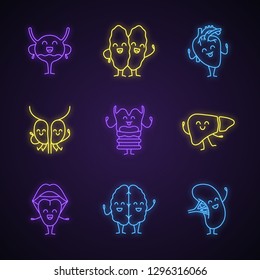 Smiling human internal organs characters neon light icons set. Glowing signs. Healthy cardiovascular, urinary, immune, reproductive, digestive, respiratory systems. Vector isolated illustrations
