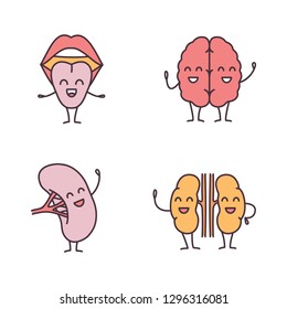 Smiling human internal organs characters color icons set. Happy tongue, brain, spleen, kidneys. Healthy oral cavity, nervous, lymphatic, urinary systems. Isolated vector illustrations