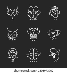 Smiling human internal organs characters chalk icons set. Healthy cardiovascular, urinary, immune, reproductive, digestive, respiratory, nervous systems. Isolated vector chalkboard illustrations