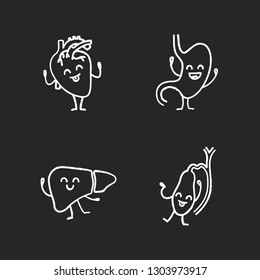 Smiling human internal organs characters chalk icons set. Happy heart, stomach, liver, gallbladder. Healthy cardiovascular and digestive systems. Isolated vector chalkboard illustrations