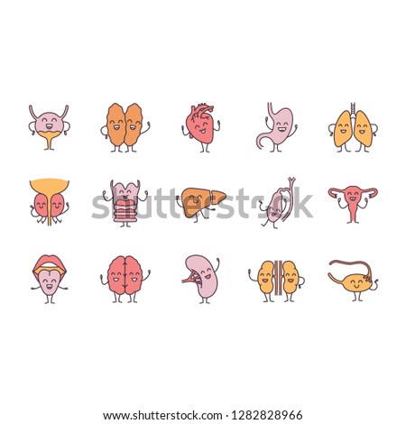 Smiling human internal organs characters color icons set. Respiratory, urinary, reproductive, digestive systems health. Isolated vector illustrations