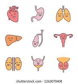 Smiling human internal organs color icons set. Respiratory, urinary, reproductive, digestive systems health. Isolated vector illustrations