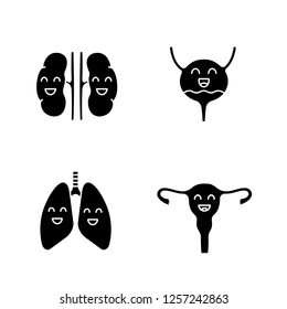 Smiling human internal organs glyph icons set. Happy kidneys, urinary bladder, lungs, uterus. Healthy pulmonary, urinary, reproductive systems. Silhouette symbols. Vector isolated illustration