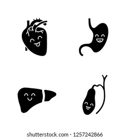 Smiling human internal organs glyph icons set. Happy heart, stomach, liver, gallbladder. Healthy cardiovascular and digestive systems. Silhouette symbols. Vector isolated illustration