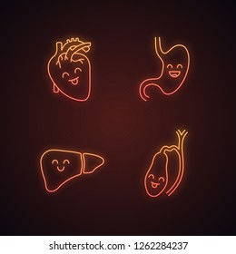 Smiling human internal organs neon light icons set. Happy heart, stomach, liver, gallbladder. Healthy cardiovascular and digestive systems. Glowing signs. Vector isolated illustrations