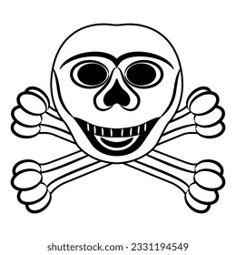Smiling human skull and crossed bones. Jolly Roger. Pirate emblem. Black and white silhouette. 