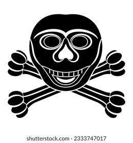 Smiling human skull and crossed bones. Jolly Roger. Pirate emblem. Black and white negative silhouette. 