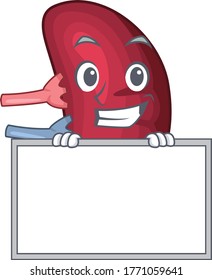 Smiling human spleen cartoon design style has a board