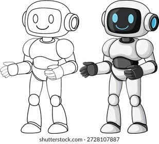 Ilustración de robot humanoide sonriente, arte de línea lado a lado y estilo de dibujos animados de Vector limpio y coloreado