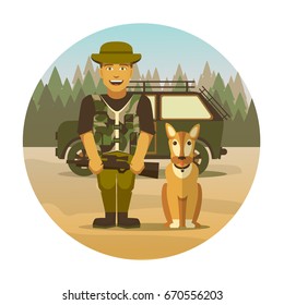 Smiling hunter and dog on a forest background.