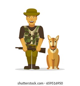 Smiling hunter and dog on a white background. Flat style