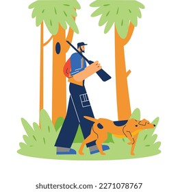 Smiling hunter man going with assistance dog flat style, vector illustration isolated on white background. Service dog, design element, team. Hunting dog breed