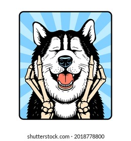 SMILING HUSKY DOG AND SKELETON COLOR WHITE BACKGROUND