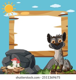 Smiling hyena with wooden sign and rocks