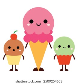 Ilustración vectorial familiar de cono de helado sonriente - postre lindo de dibujos animados con sabores de fresa, chocolate y menta