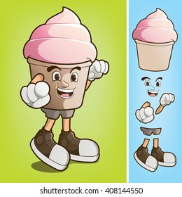 Smiling ice cream cup mascot with hand