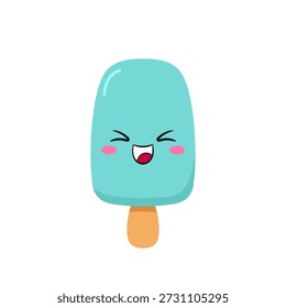 Paleta de helado sonriente, personaje de dibujos animados lindo y divertido, dulce postre de verano, cara feliz, ojos grandes, emociones, alegría, deleite, estilo kawaii, ilustración infantil de Vector de iconos.