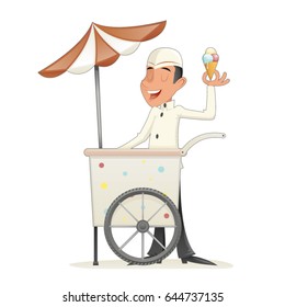 Smiling Ice Cream Seller with Cart Retro Vintage Cartoon Character Icon Isolated Retro Design Cartoon Vector Illustration