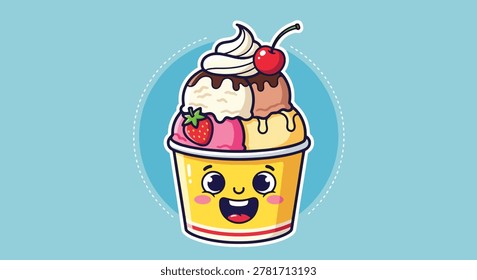 A smiling ice cream sundae with a face in a cup