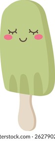 A smiling ice pop is depicted in a cartoon style with simple lines and blush cheeks.  This frozen dessert features a cheerful expression on its refreshing body. Cartoon vector illustration