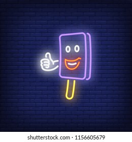 Smiling ice-cream bar character showing thumb up neon sign. Dessert, cafe and food concept. Advertisement design. Night bright colorful billboard, light banner. Vector illustration in neon style.