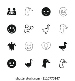 Smiling icon. collection of 16 smiling filled and outline icons such as smiley, turtle  illsutration, goose, baby playing with toy. editable smiling icons for web and mobile.