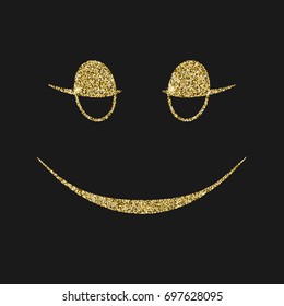 Smiling icon with glitter effect, isolated on black background. Outline icon of Smiling face, vector pictogram. Symbol from golden particles dust.