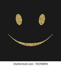 Smiling icon with glitter effect, isolated on black background. Outline icon of Smiling face, vector pictogram. Symbol from golden particles dust.