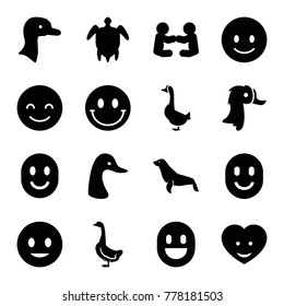 Smiling icons. set of 16 editable filled smiling icons such as goose, seal, smiling emot, baby playing with another baby, heart face, smiley
