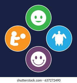 Smiling icons set. set of 4 smiling filled icons such as smiling emot, turtle  illsutration, smiley