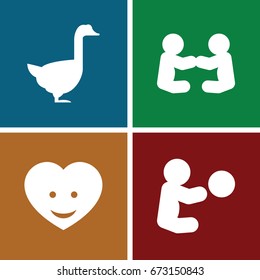 Smiling icons set. set of 4 smiling filled icons such as goose, heart face, baby playing with toy