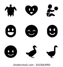 Smiling icons. set of 9 editable filled smiling icons such as goose, smiling emot, turtle  illsutration, baby playing with toy