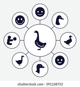 smiling icons set. Set of 9 smiling filled icons such as goose, smiling emot, smiley