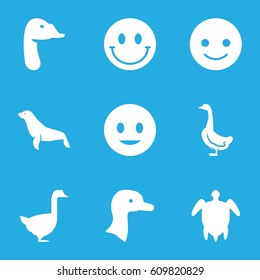 Smiling icons set. set of 9 smiling filled icons such as goose, seal, smiling emot, turtle  illsutration