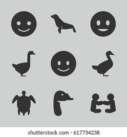 Smiling icons set. set of 9 smiling filled icons such as goose, seal, smiling emot, turtle  illsutration