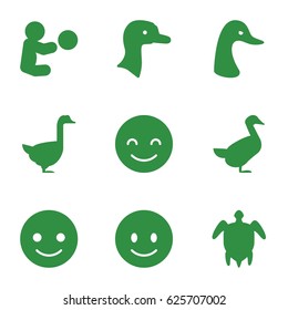 Smiling icons set. set of 9 smiling filled icons such as goose, smiling emot, turtle  illsutration