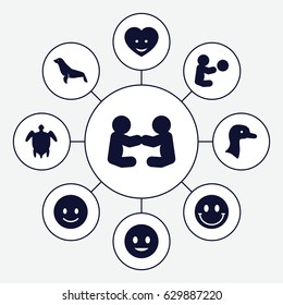 Smiling icons set. set of 9 smiling filled icons such as goose, seal, smiling emot, heart face, turtle  illsutration, smiley, baby playing with toy