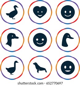 Smiling icons set. set of 9 smiling filled icons such as goose, seal, smiling emot