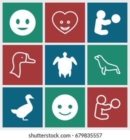 Smiling icons set. set of 9 smiling filled and outline icons such as goose, smiling emot, turtle  illsutration, seal, heart face