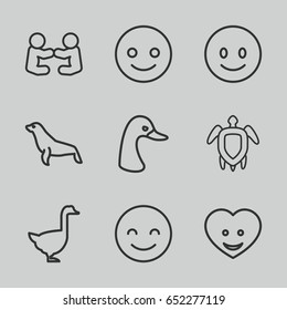 Smiling icons set. set of 9 smiling outline icons such as goose, seal, heart face, turtle  illsutration, smiling emot