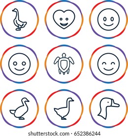 Smiling icons set. set of 9 smiling outline icons such as goose, heart face, turtle  illsutration
