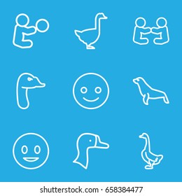 Smiling icons set. set of 9 smiling outline icons such as goose, seal, smiling emot, baby playing with toy