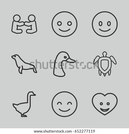 Smiling icons set. set of 9 smiling outline icons such as goose, seal, heart face, turtle  illsutration, smiling emot