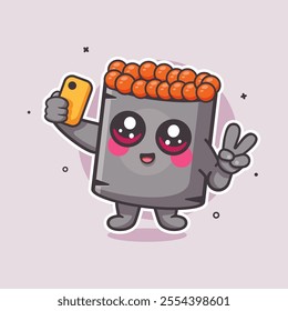 smiling ikura sushi food character mascot taking a selfie with a smartphone isolated cartoon 