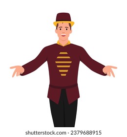 Smiling illusionist or showman. Happy excited man retro circus entertainer announces start of show. Flat vector illustration isolated on white background